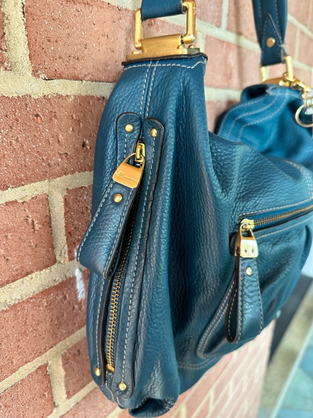 B. Makowsky Teal Pebbled Leather Hobo Shoulder Bag with Chain Accent - Picture 3 of 7